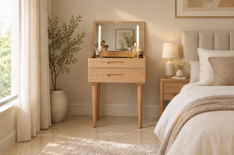 Compact Wood Vanity with Flip-Top Mirror