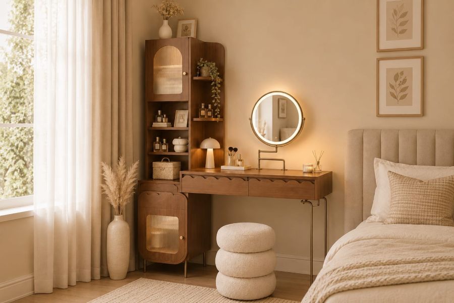 Corner Decor Ideas Vanity with Built-In Storage Cabinet