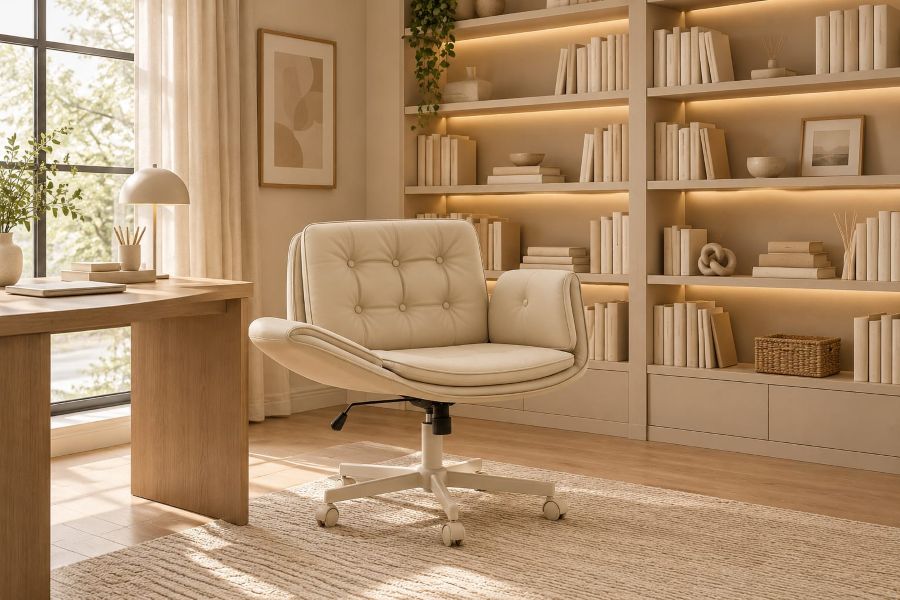  Cream Leather Office Chair for Home Library