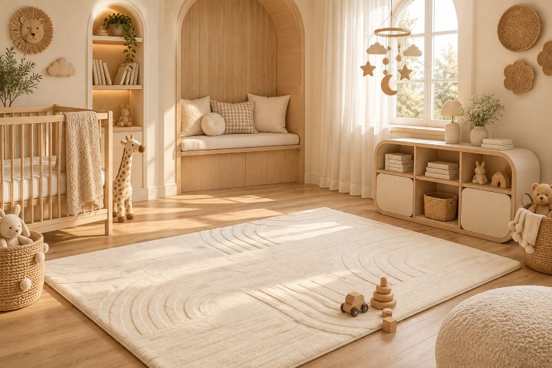 Cream nursery rug with a subtle arch pattern styled with beige furniture and natural wood accents.