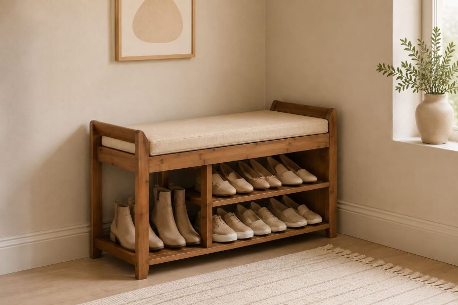 Cushioned Shoe Bench for Entry corner decor ideas