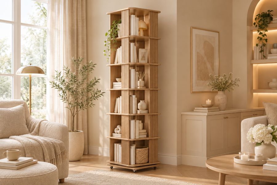 Rotating Fluted Wood Bookshelf Styled with Plant & Ceramic  for modern beige interiors