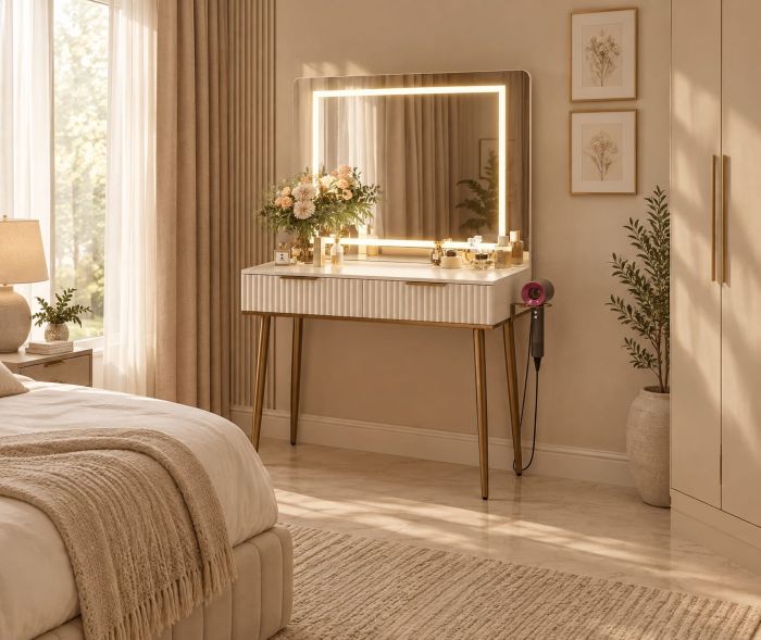 makeup vanity ideas with fluted white vanity table with LED lights