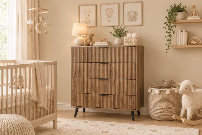 Fluted Wood 4-Drawer Dresser with Tapered Legs for beige nursery room decor