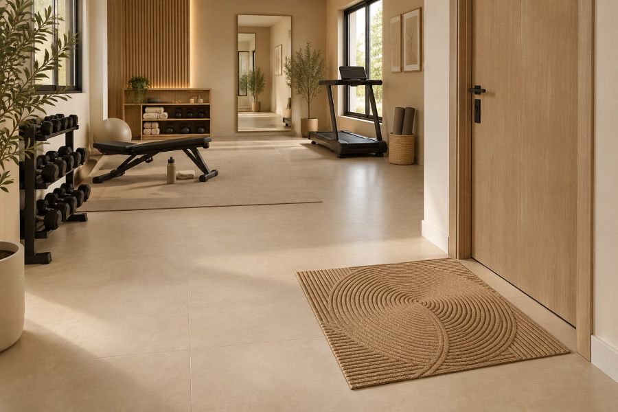 Geometric woven entry mat for entrance to room