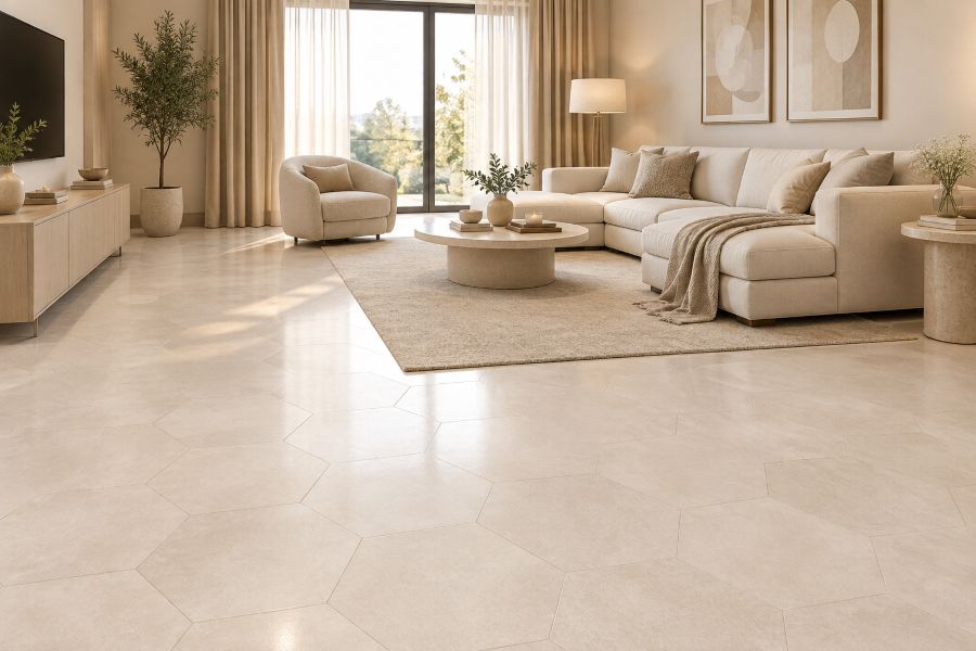 Modern living room floor with marble glossy tiles