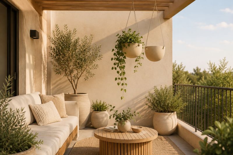 Hanging Planters on Beige Balcony Corner with other corner plants decor