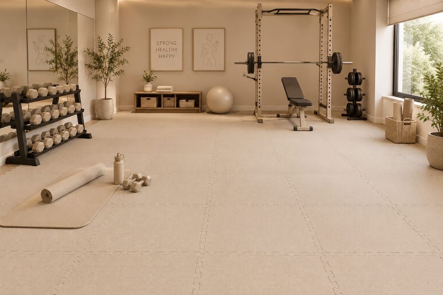 Interlocking floor tiles for beige home gym decor