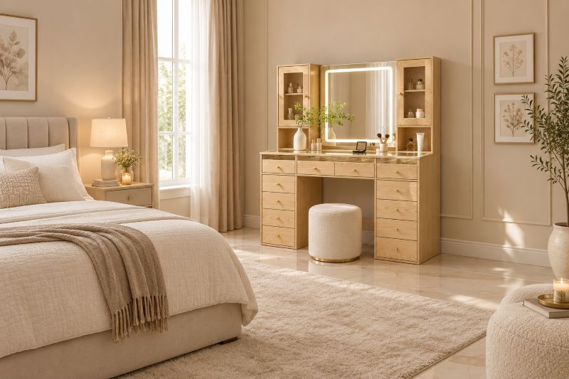 Large Wood Vanity Set with LED Mirror & Storage Cabinets