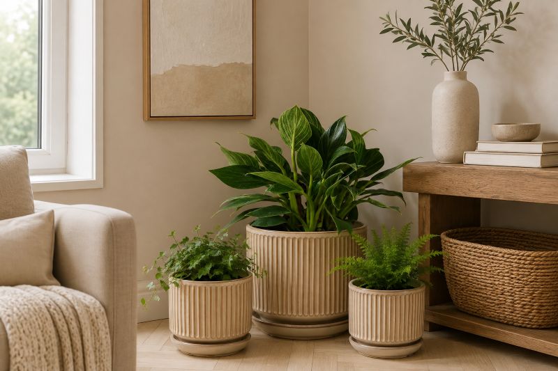 Layered Living Room Plant Corner with Fluted Beige Planters