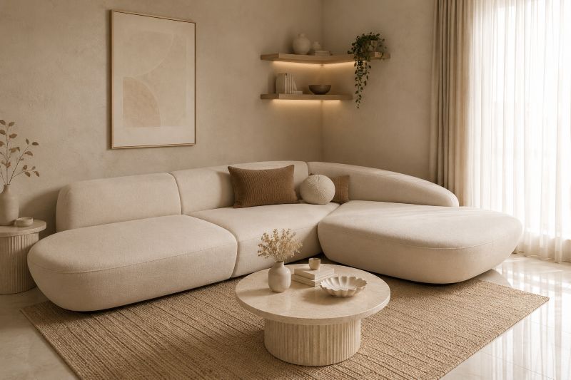 Floating Corner Shelves with Built-In Lighting with beige sofa for empty corner decor ideas
