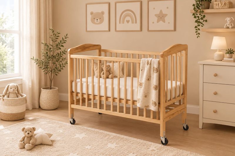 Natural Wood Crib with Curved Headboard on Wheels
