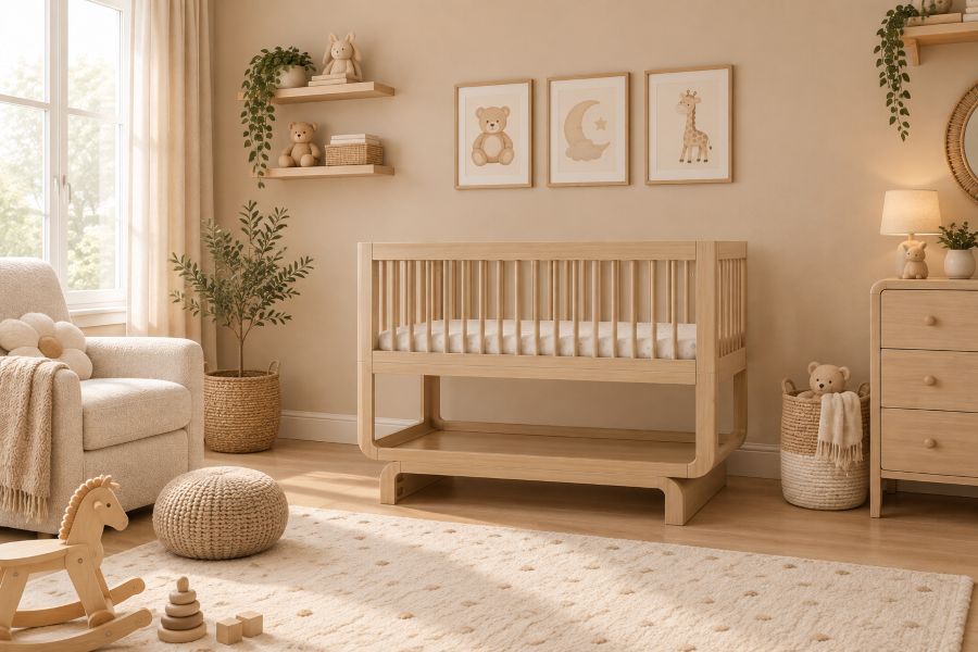 Natural Wood Spindle Baby Crib with Rocker Base