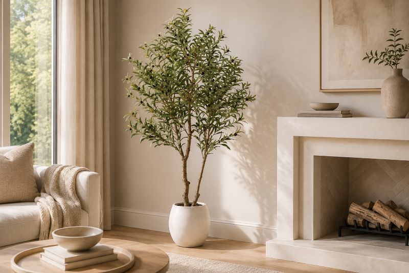 Modern Interior with Olive Tree Corner by Beige Fireplace