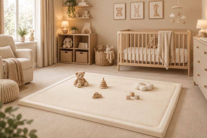 Beige nursery decor ideas with padded play mat 