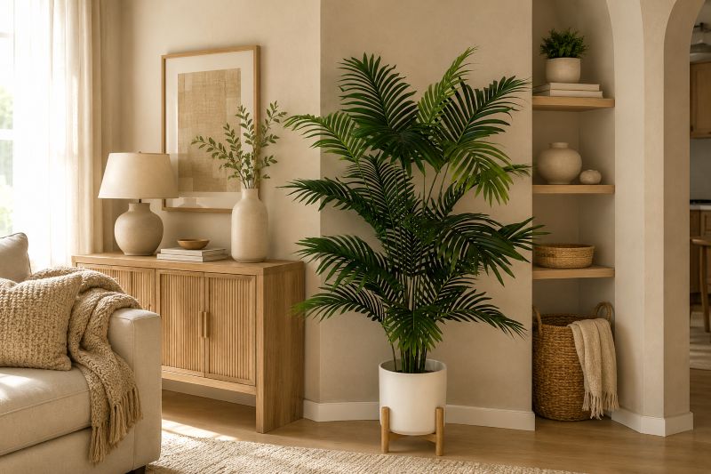 Palm Plant Corner Decor Ideas with Wood Riser Stand 