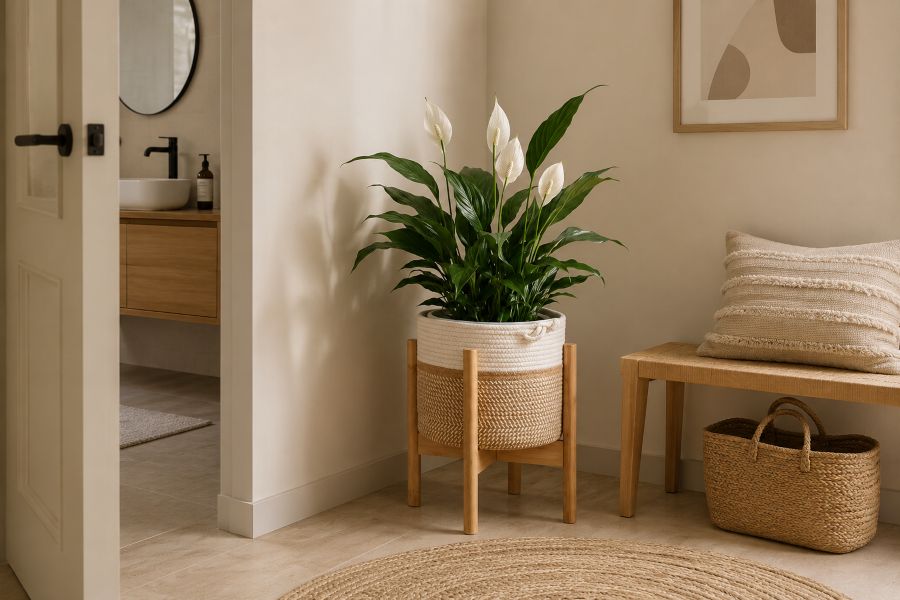 Peace Lily in Woven Basket Plant Stand