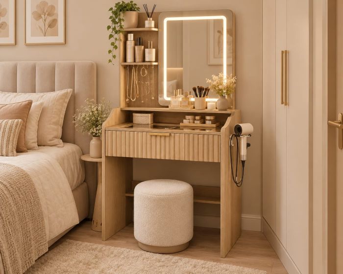 Ribbed Wood Makeup Vanity with LED Mirror & Corner Shelf