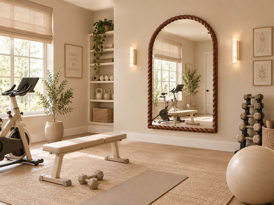 Modern beige home decor gym with rope framed arched mirror ideas