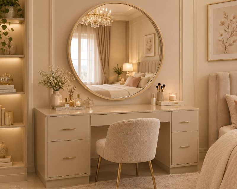 Round Gold-Frame Makeup Vanity Mirror Ideas