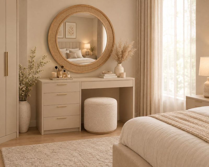 Round rattan wall mirror ideas for modern beige makeup vanity decor ideas