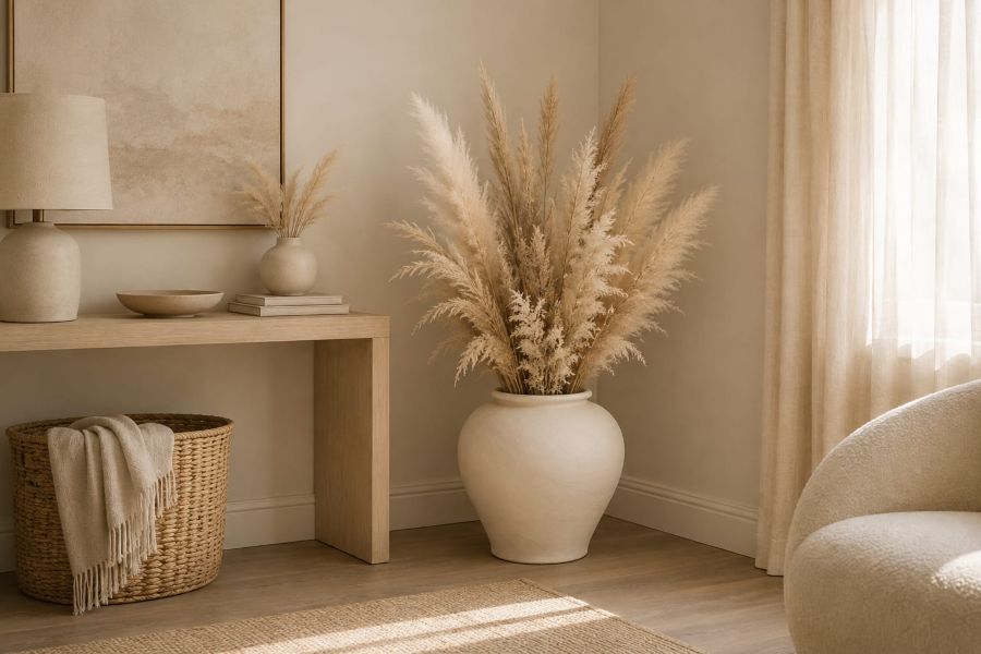 Rounded Ceramic Vase with Pampas Grass in a Corner Nook