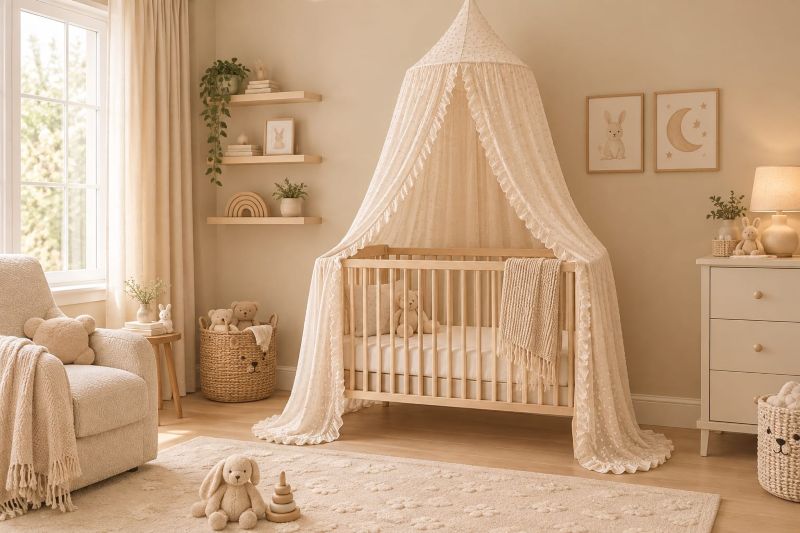 Beige nursery room decor with Ruffled Crib Canopy Bed Tent with Round Frame