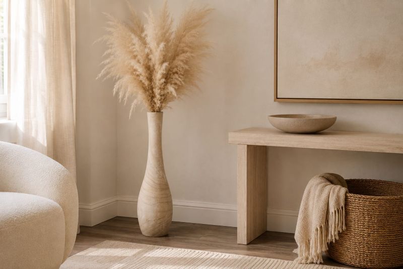 Sculptural Vase with Pampas Grass in a Beige Floor Corner