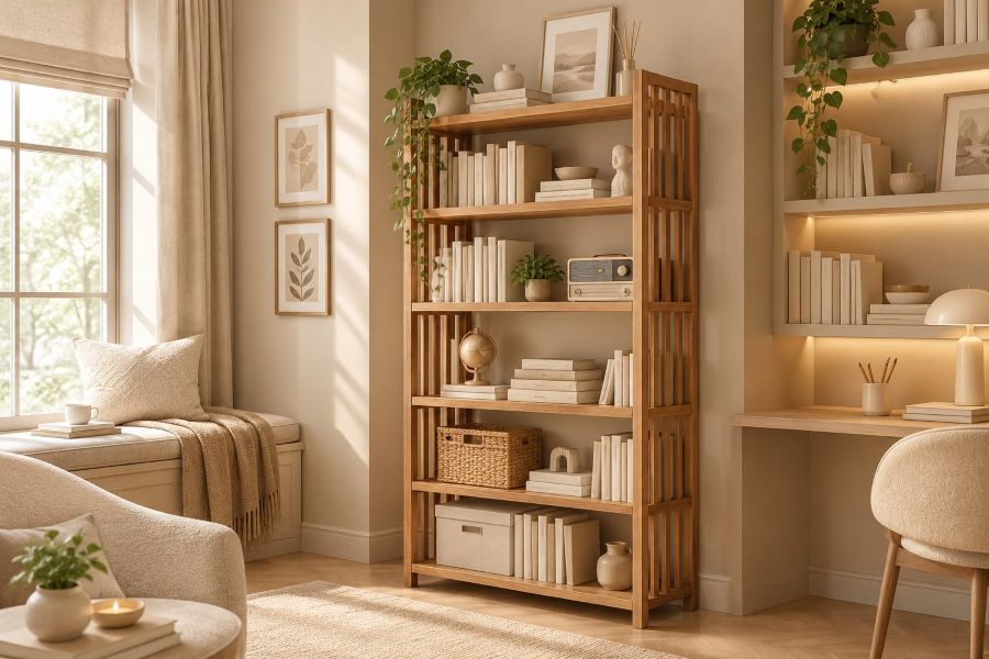 Slatted Wood Bookshelf with Globe and Woven Basket