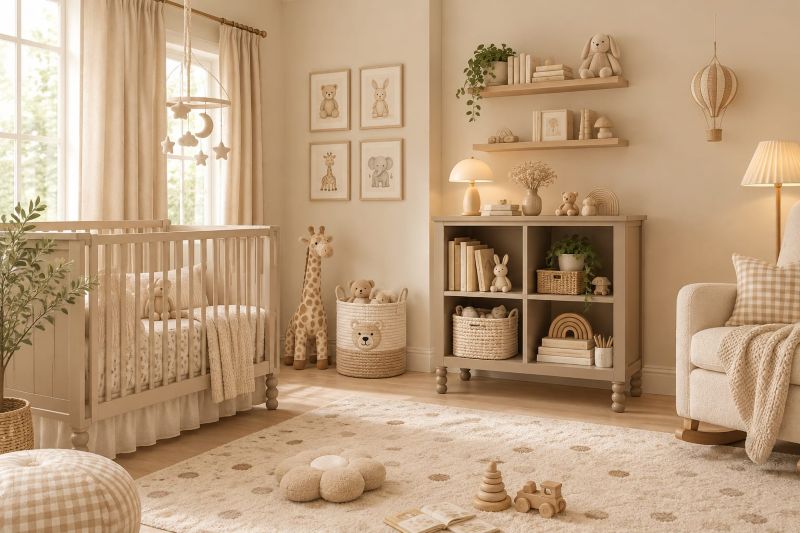 Modern nursery room furniture including Taupe Wood 4-Cube Storage Bookcase with Ball Feet