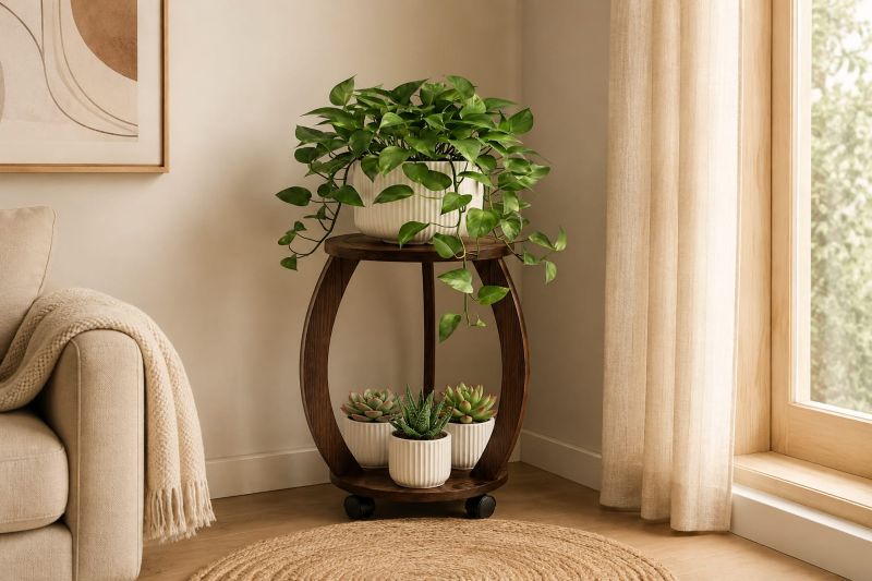 Trailing Pothos on Round Wood Plant Table for modern beige plant corner decor