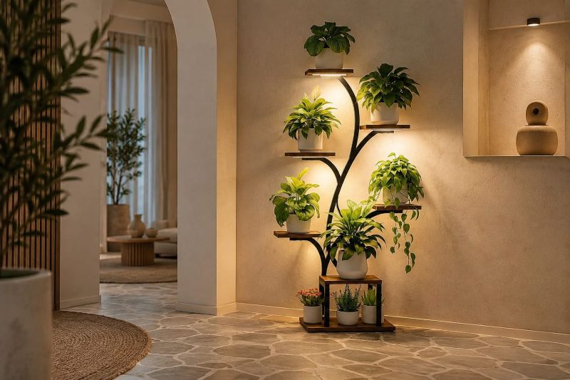 Tree-Branch Plant Stand in Beige Hallway 