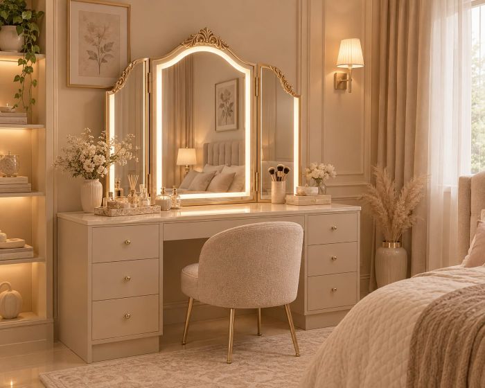 Trifold Vintage Gold Vanity Mirror with LED Light