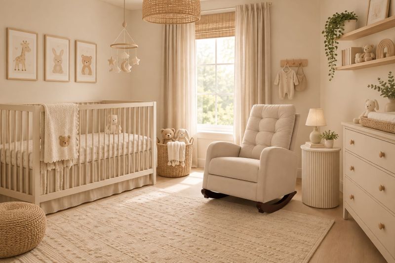 Tufted Beige Nursery decor with Glider Rocking Chair
