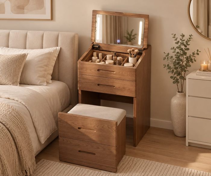 Modern makeup vanity decor ideas with walnut flip-flop vanity with storage