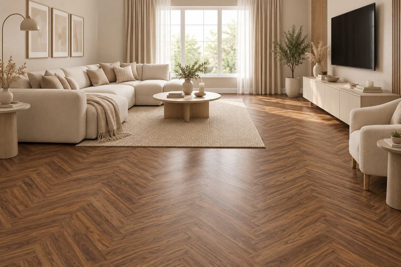 Modern TV lounge with Walnut Herringbone Wood Flooring