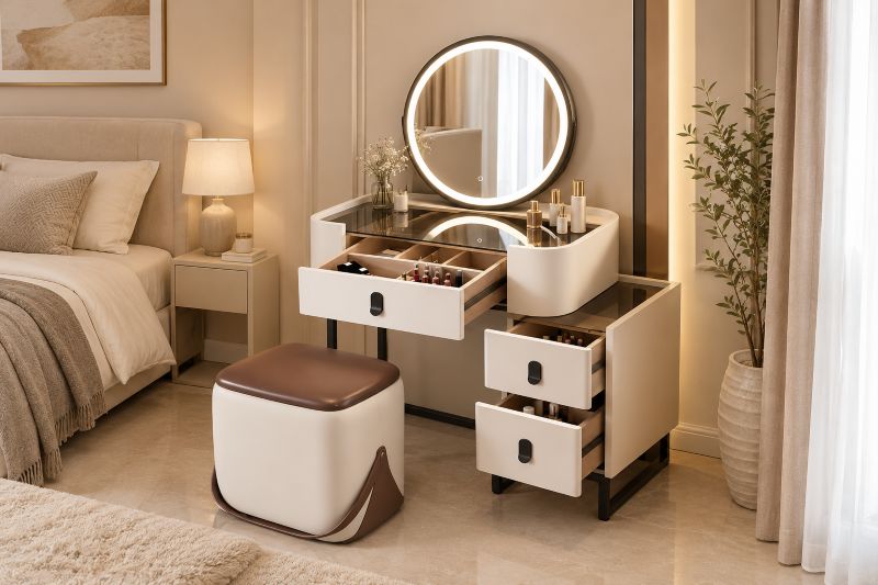 White Vanity Table with Round LED Mirror & Storage Drawers