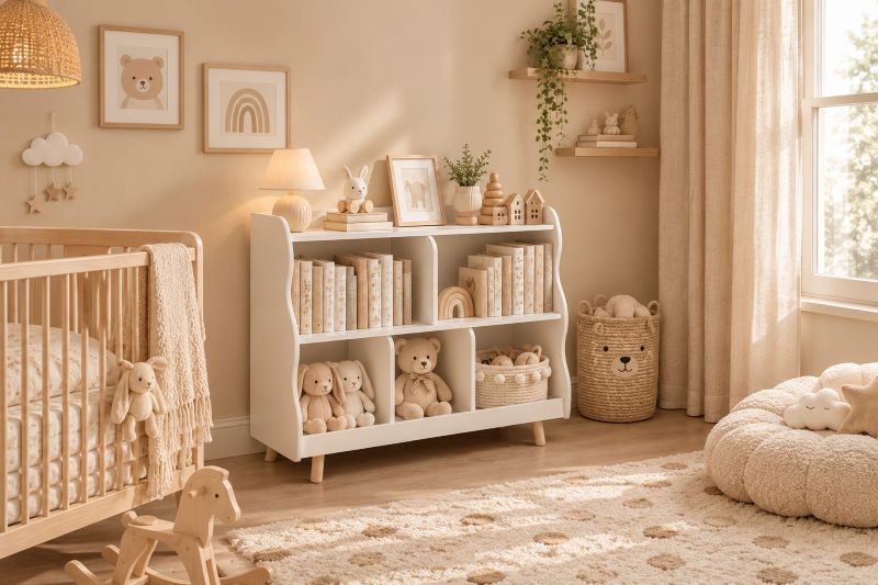 White Wood Cubby Storage Bookshelf with Wavy Sides for modern beige nursery room decor