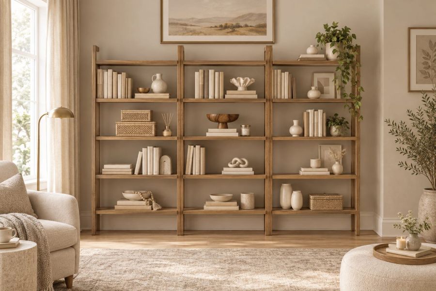 Beige home library with Wide Open Bookshelf with Ceramic and Woven Accents