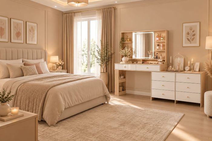 Wood-Frame Makeup Vanity Desk Decor ideas with LED Mirror & Open Shelving