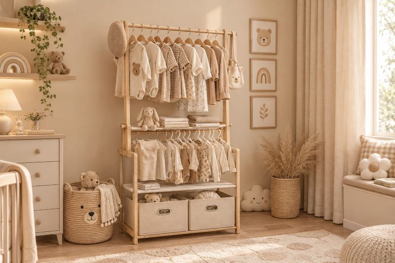 Wood Nursery Clothing Rack with Shelves and Bins
