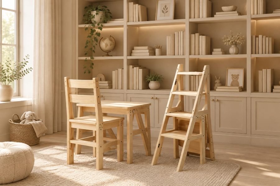Wooden Step Ladder Stool for Library Shelving