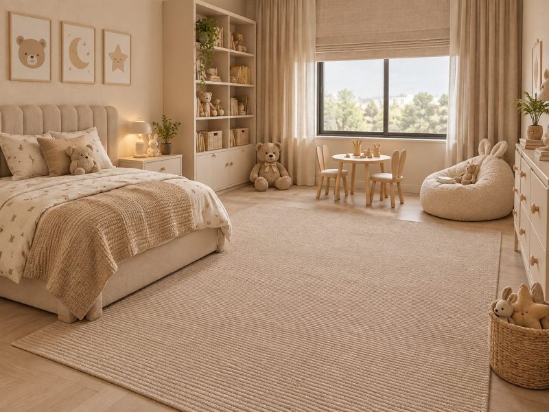 Beige kids bedroom flooring ideas with woven rug