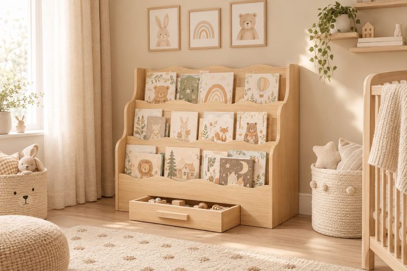 Wooden Kids Bookshelf with Scalloped Shelves and Drawer