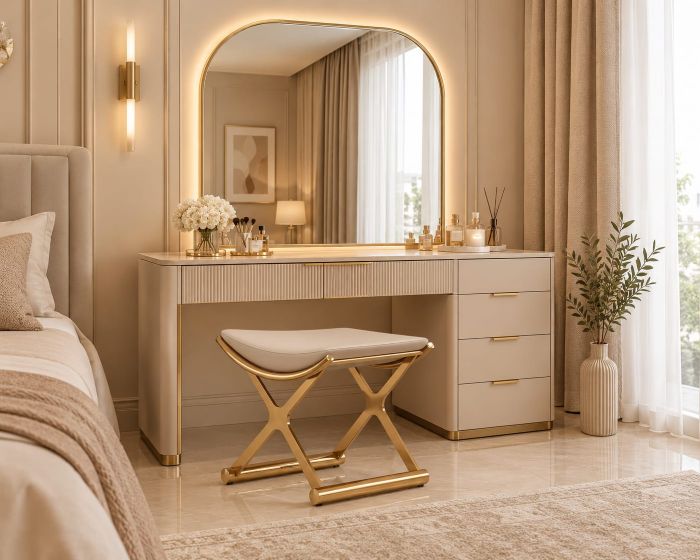 X-Frame Gold Makeup Vanity Stool with Cushioned Top